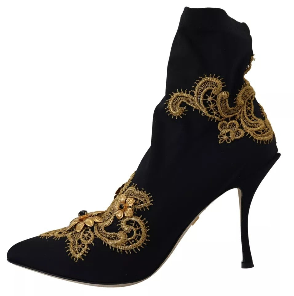 Dolce &amp; Gabbana Black Gold Embroidery Slip On Boots Shoes