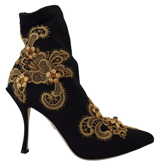 Dolce &amp; Gabbana Black Gold Embroidery Slip On Boots -kengät