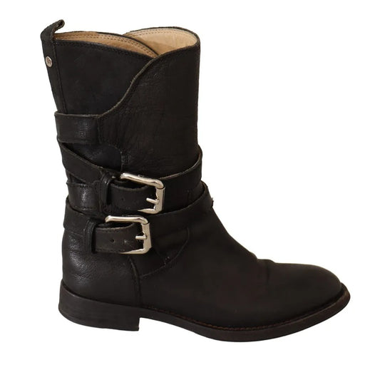 Dolce &amp; Gabbana Black Leather Buckle Mid Calf Boots Shoes