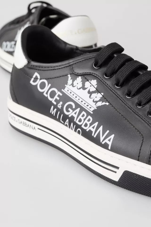 Dolce &amp; Gabbana Black Leather Crown Milano Sneakers Casual Shoes