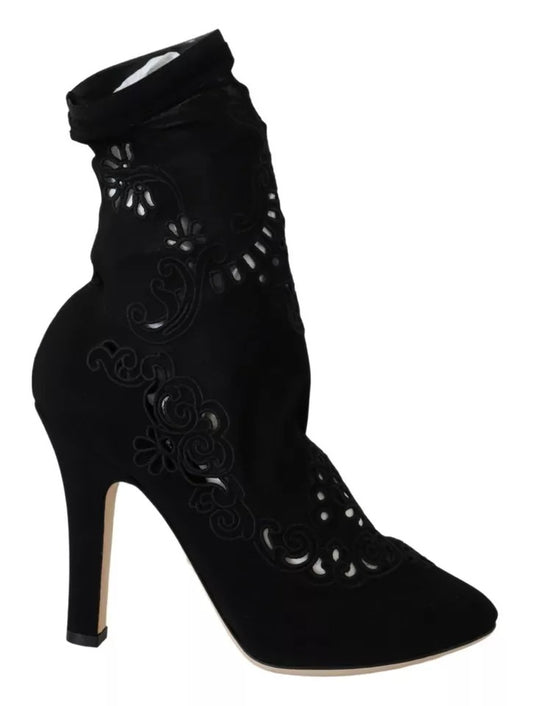 Dolce &amp; Gabbana Black Stretch Pumps Boots Floral Pointed Shoes