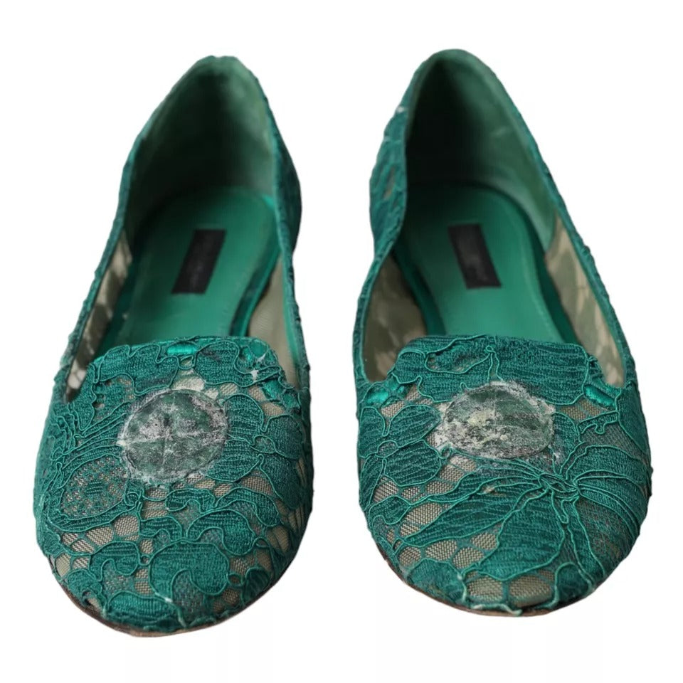 Dolce &amp; Gabbana Green Taormina Lace Slip On Flats Shoes