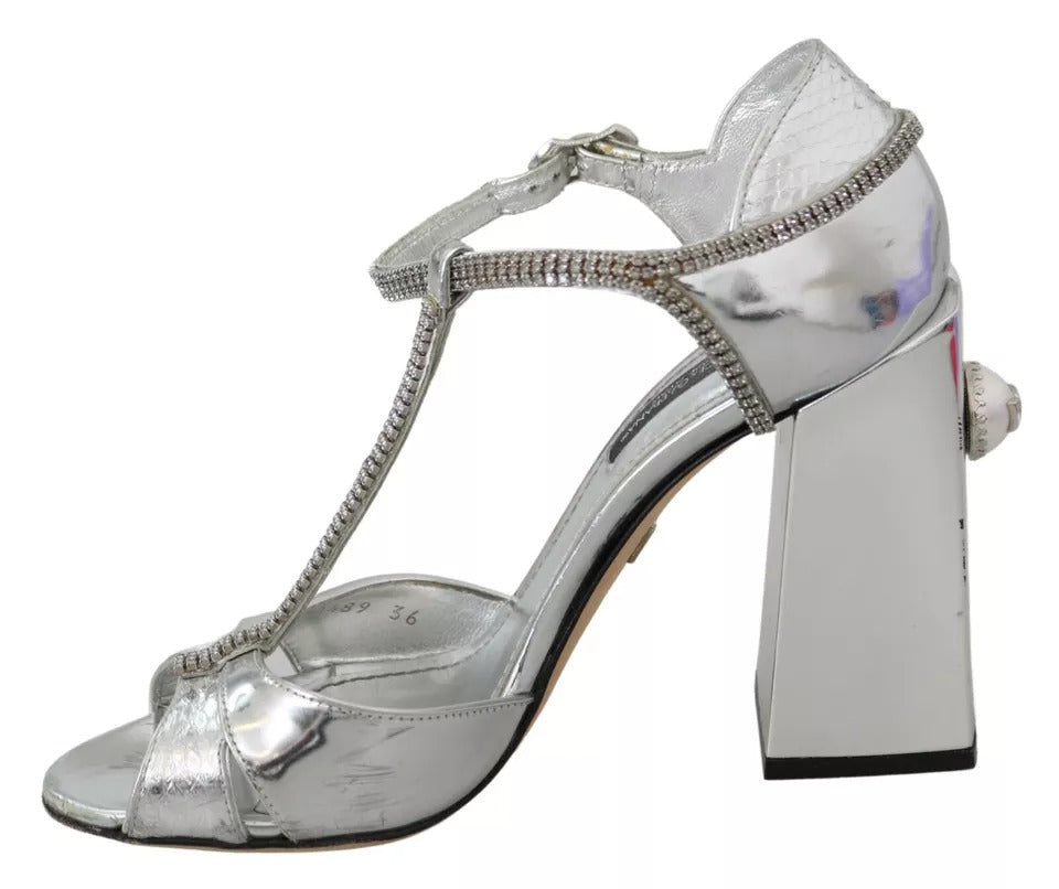 Dolce &amp; Gabbana Silver Crystals T-Strap Sandaalit nahkakengät