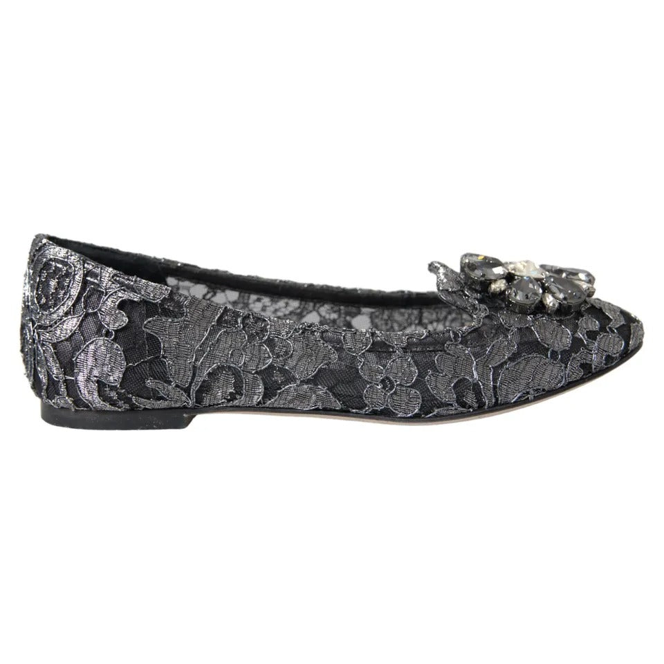 Dolce &amp; Gabbana Grey Black Lace Crystal Ballet Loafers Shoes