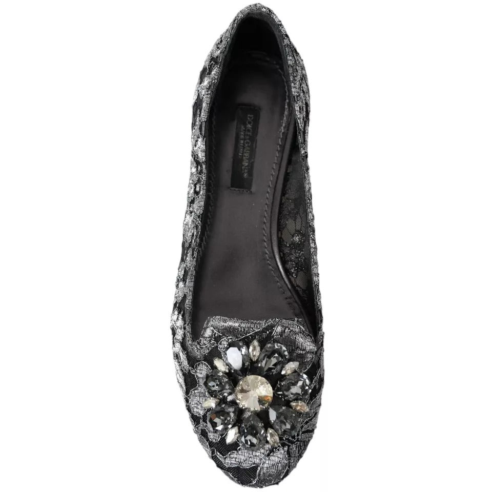 Dolce &amp; Gabbana Grey Black Lace Crystal Ballet Loafers Shoes