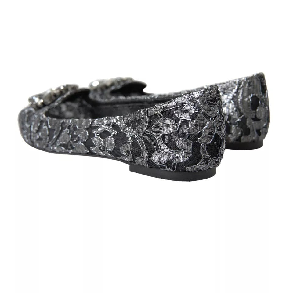 Dolce &amp; Gabbana Grey Black Lace Crystal Ballet Loafers Shoes