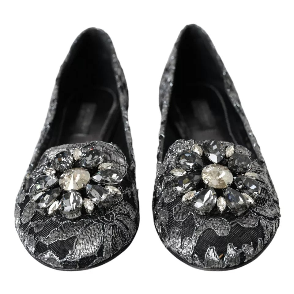 Dolce &amp; Gabbana Grey Black Lace Crystal Ballet Loafers Shoes