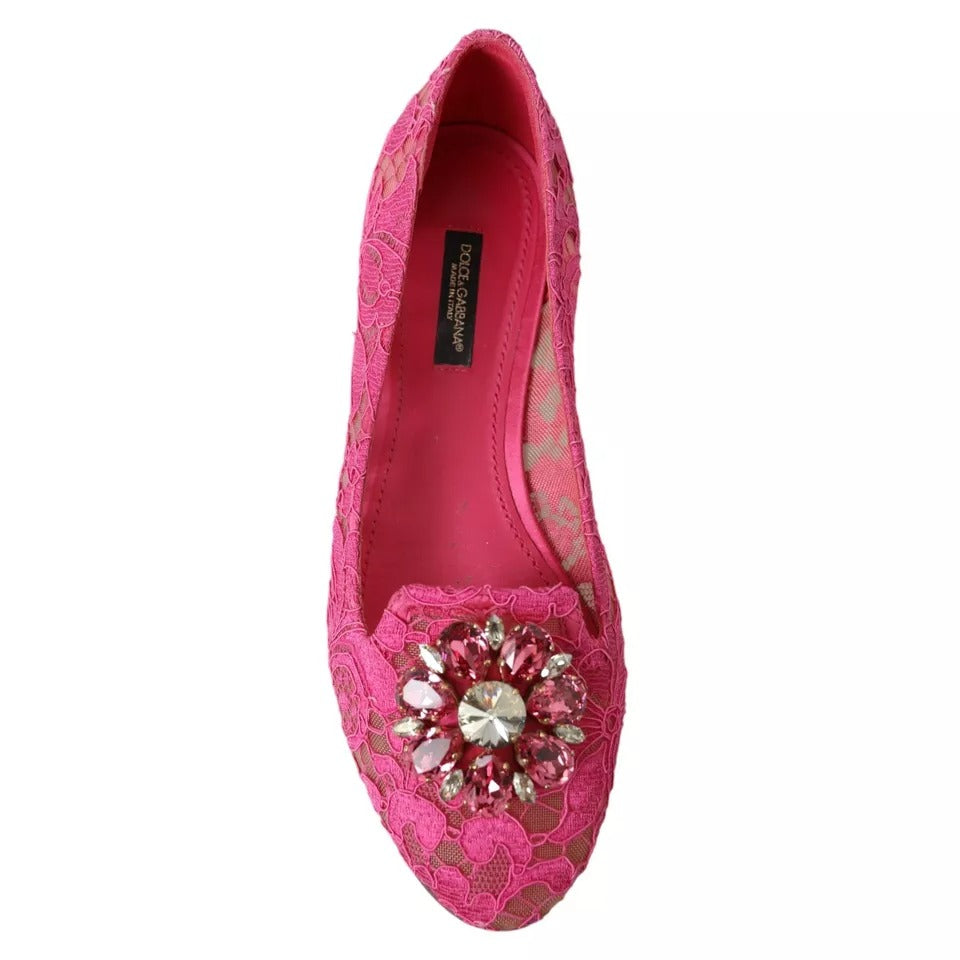 Dolce &amp; Gabbana Pink Lace Crystal Ballet Loafers Shoes