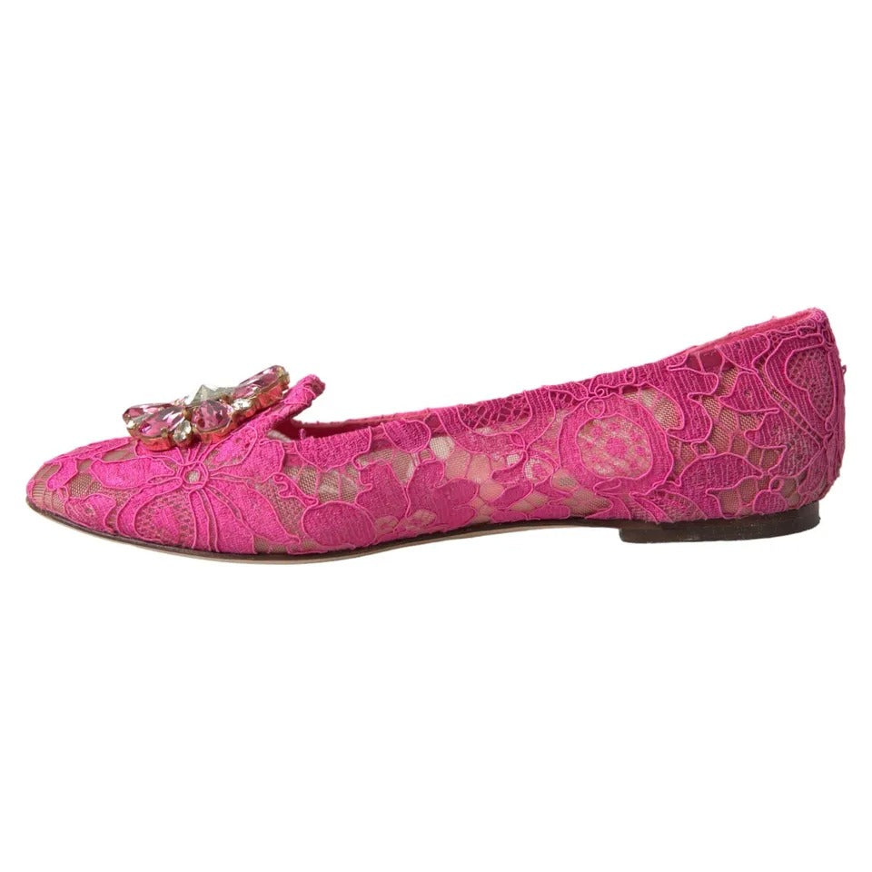 Dolce &amp; Gabbana Pink Lace Crystal Ballet Loafers Shoes