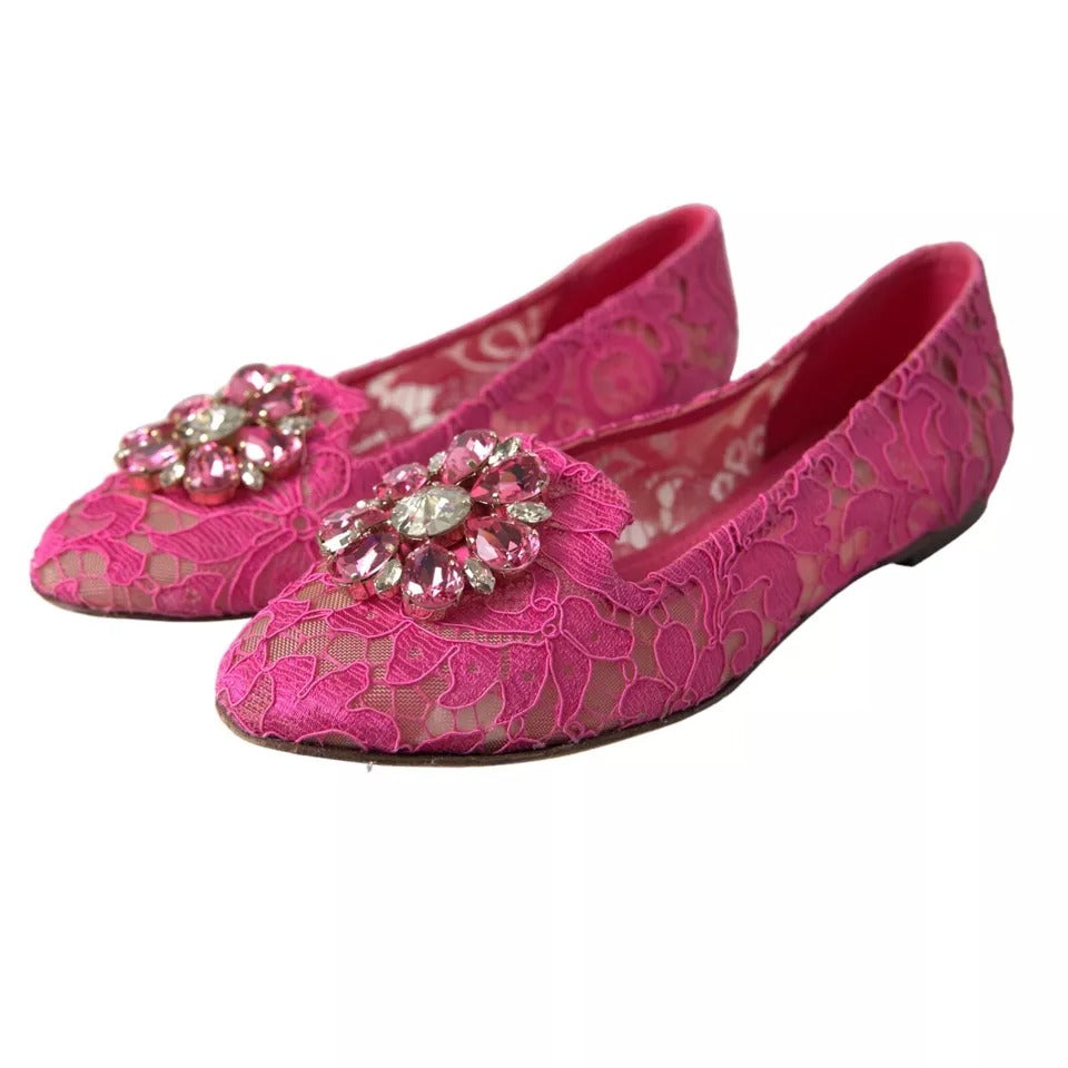 Dolce &amp; Gabbana Pink Lace Crystal Ballet Loafers Shoes