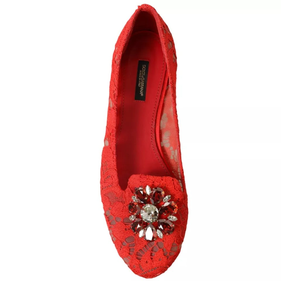 Dolce &amp; Gabbana Red Lace Crystal Ballet Loafers -kengät