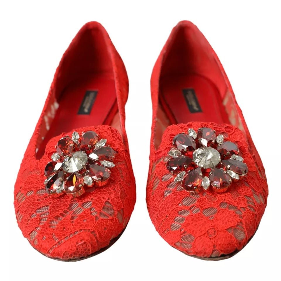 Dolce &amp; Gabbana Red Lace Crystal Ballet Loafers -kengät