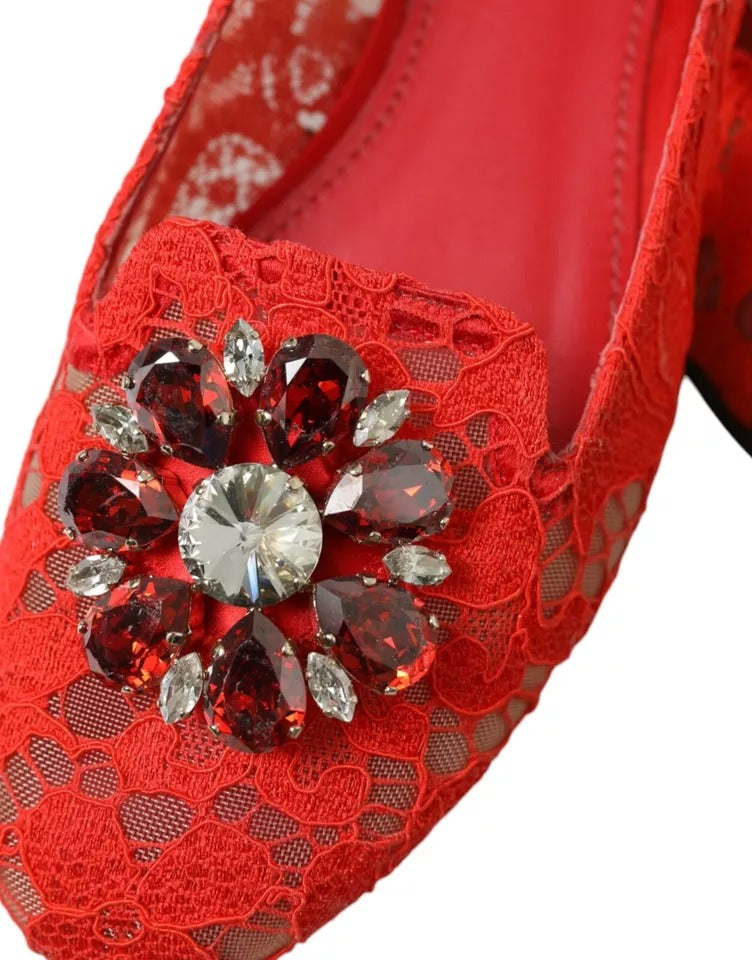 Dolce &amp; Gabbana Red Lace Crystal Ballet Loafers -kengät