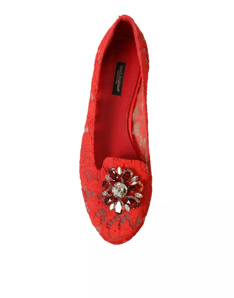 Dolce &amp; Gabbana Red Lace Crystal Ballet Loafers -kengät