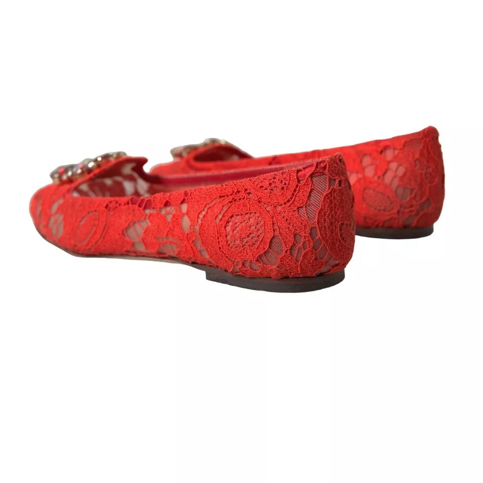 Dolce &amp; Gabbana Red Lace Crystal Ballet Loafers -kengät