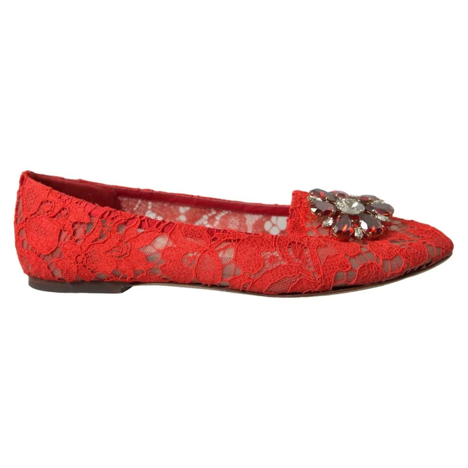 Dolce &amp; Gabbana Red Lace Crystal Ballet Loafers -kengät