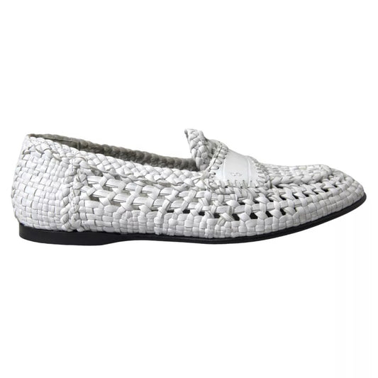 Dolce &amp; Gabbana White Woven Leather Men Slip On Loafers Shoes