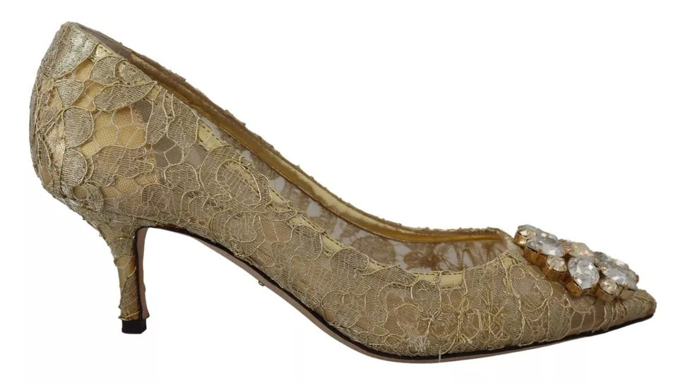 Dolce &amp; Gabbana Gold Taormina Lace Crystal Heels Pumps Shoes