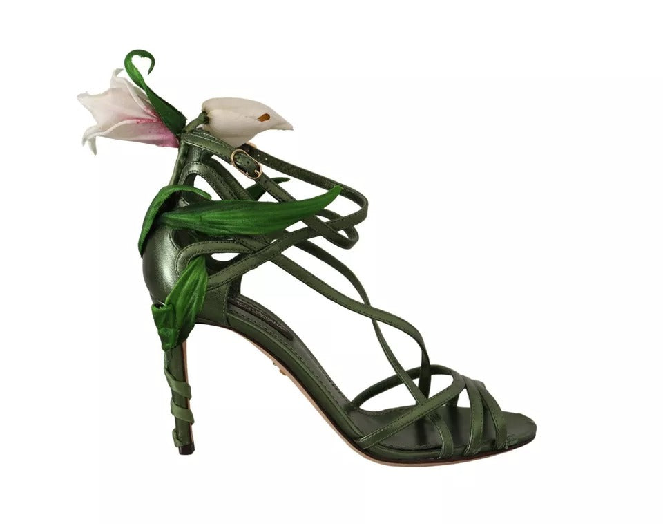 Dolce &amp; Gabbana Acid Green Leather Strappy Flower Heels Sandaalit Kengät