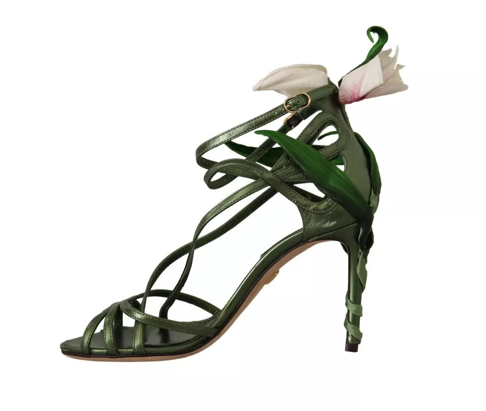 Dolce &amp; Gabbana Acid Green Leather Strappy Flower Heels Sandaalit Kengät