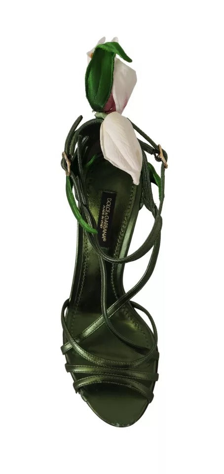 Dolce &amp; Gabbana Acid Green Leather Strappy Flower Heels Sandaalit Kengät