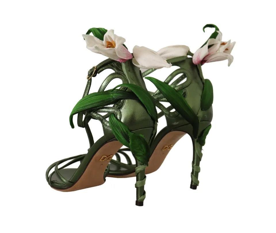 Dolce &amp; Gabbana Acid Green Leather Strappy Flower Heels Sandaalit Kengät