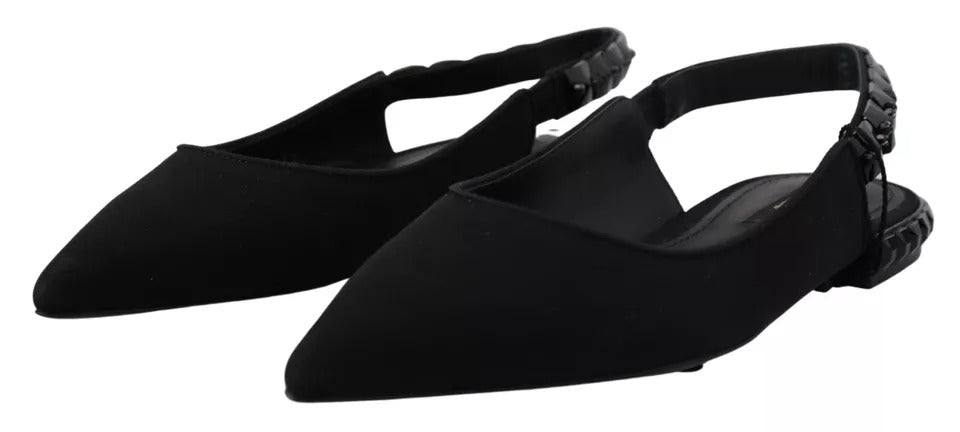 Dolce & Gabbana Schwarze Flats Kristall Slingback Charmeuse Schuhe