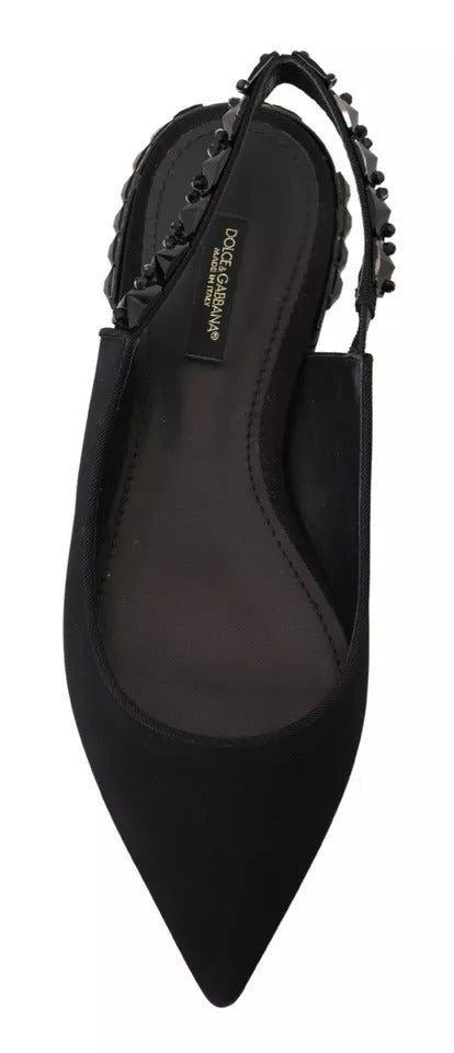 Dolce & Gabbana Schwarze Flats Kristall Slingback Charmeuse Schuhe