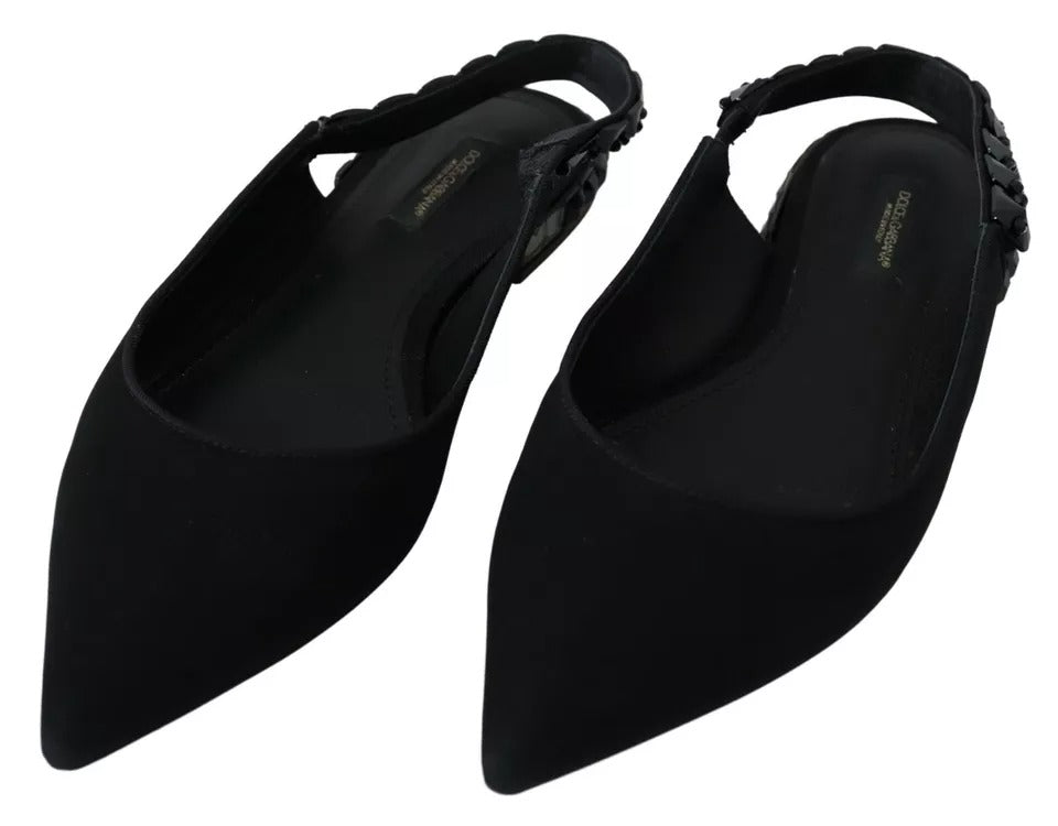 Dolce &amp; Gabbana Black Flats Crystal Slingback Charmeuse -kengät