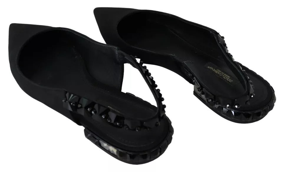 Dolce &amp; Gabbana Black Flats Crystal Slingback Charmeuse -kengät