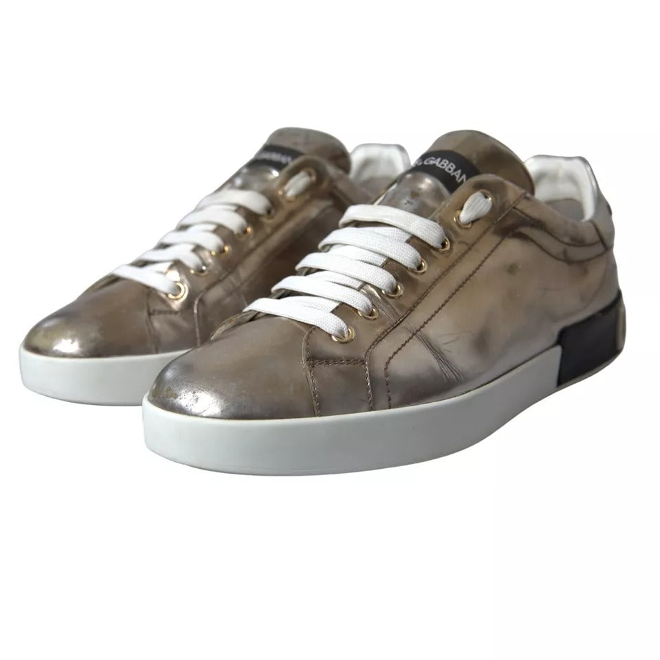 Dolce &amp; Gabbana Bronze Leather Logo Sneaker Portofino Shoes