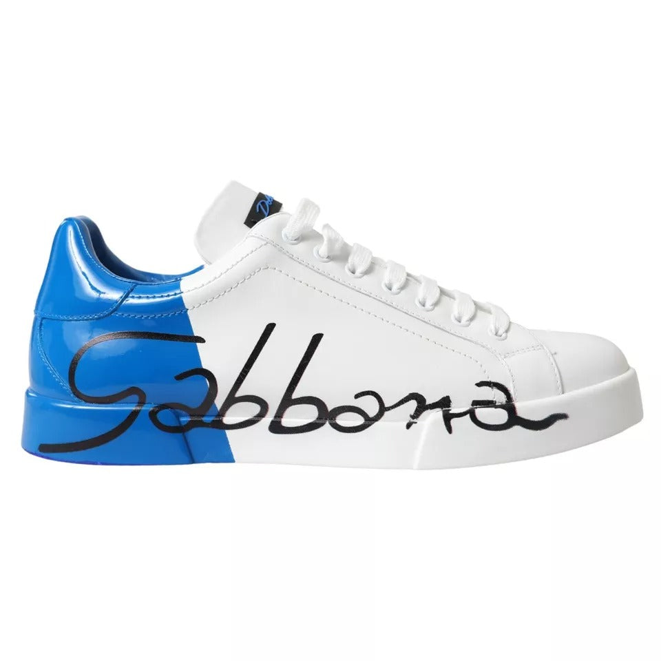 Dolce &amp; Gabbana White Blue Leather Logo Low Top Sneakers Shoes