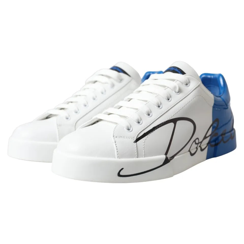 Dolce &amp; Gabbana White Blue Leather Logo Low Top Sneakers Shoes