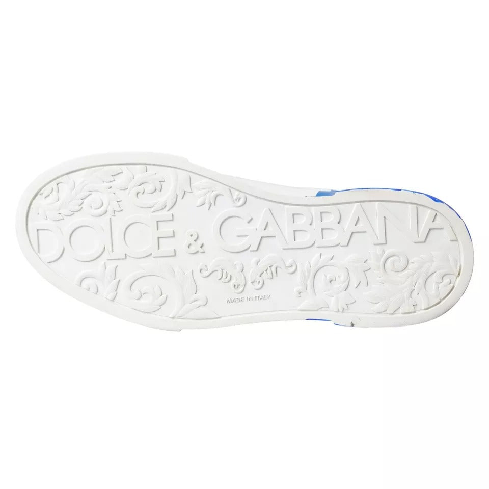 Dolce &amp; Gabbana White Blue Leather Logo Low Top Sneakers Shoes