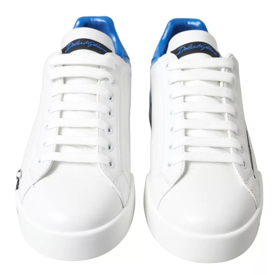 Dolce &amp; Gabbana White Blue Leather Logo Low Top Sneakers Shoes