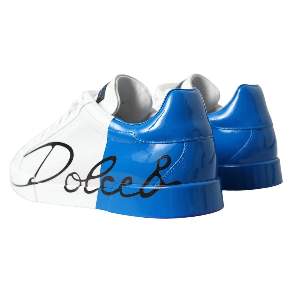 Dolce &amp; Gabbana White Blue Leather Logo Low Top Sneakers Shoes