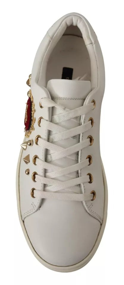 Dolce &amp; Gabbana White Leather Gold Red Heart Sneakers Shoes