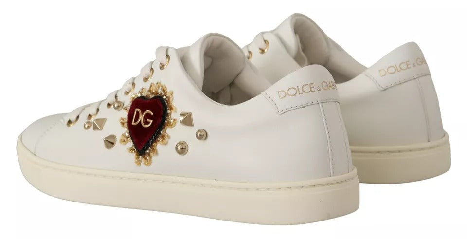 Dolce &amp; Gabbana White Leather Gold Red Heart Sneakers Shoes