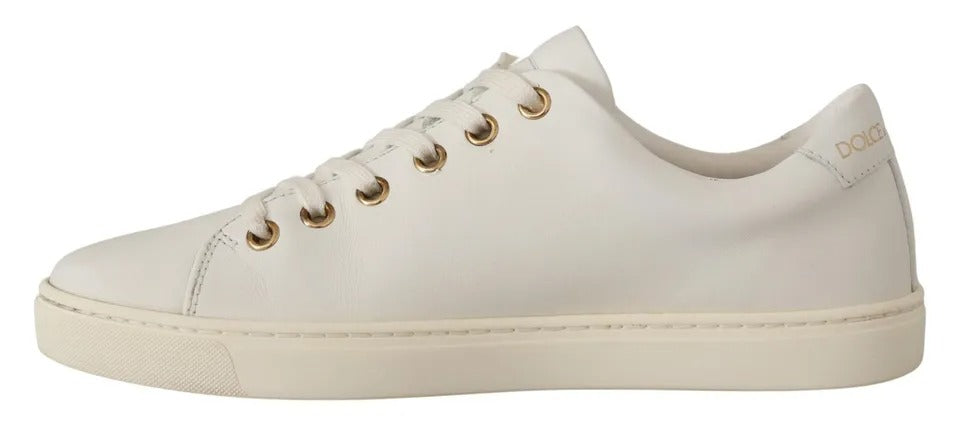 Dolce &amp; Gabbana White Leather Gold Red Heart Sneakers Shoes