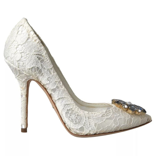 Dolce &amp; Gabbana White Taormina Lace Crystal Heel Pumps Shoes