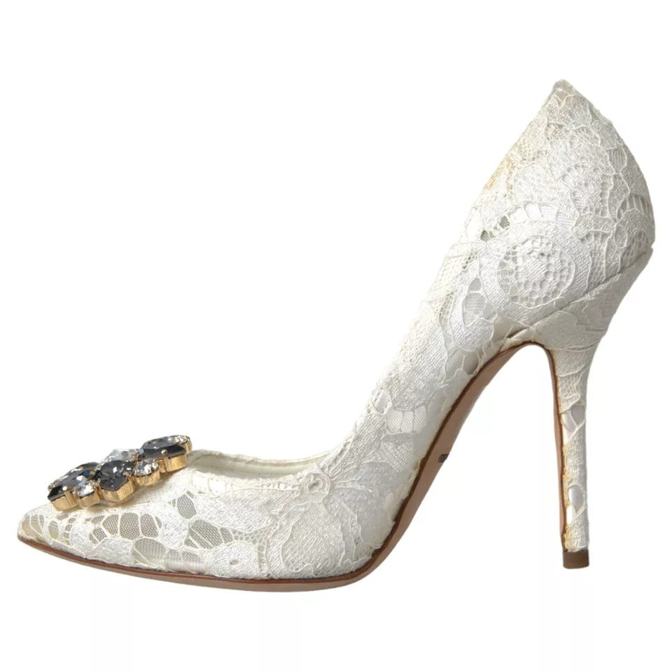 Dolce &amp; Gabbana White Taormina Lace Crystal Heel Pumps Shoes