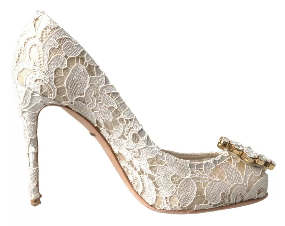 Dolce &amp; Gabbana White Taormina Lace Crystal Heels Pumps Shoes