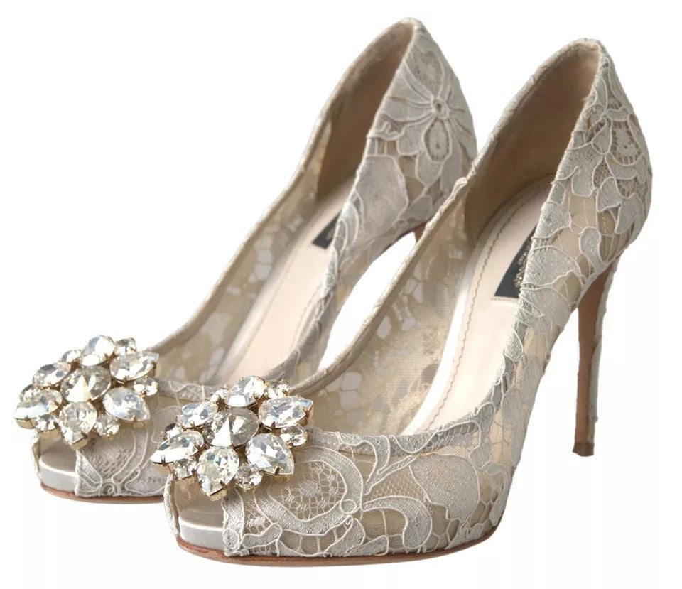 Dolce &amp; Gabbana White Taormina Lace Crystal Heels Pumps Shoes