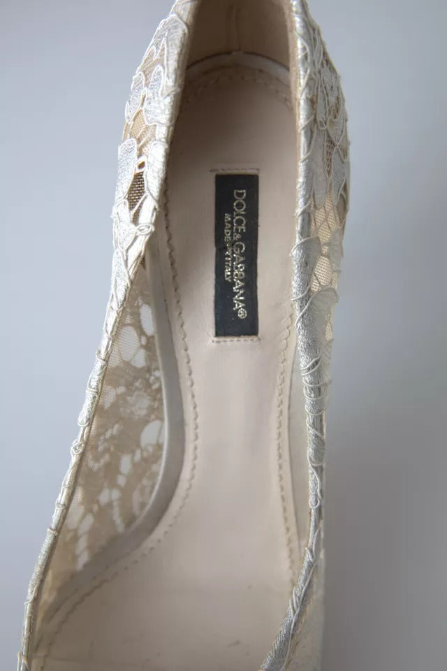 Dolce &amp; Gabbana White Taormina Lace Crystal Heels Pumps Shoes