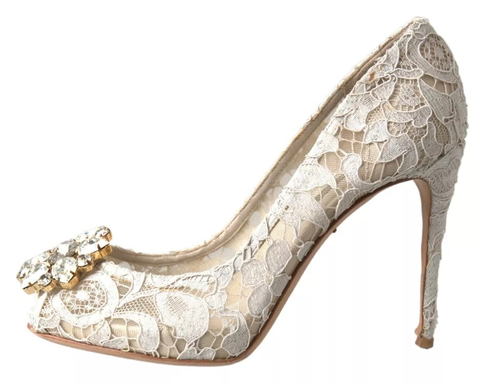 Dolce &amp; Gabbana White Taormina Lace Crystal Heels Pumps Shoes