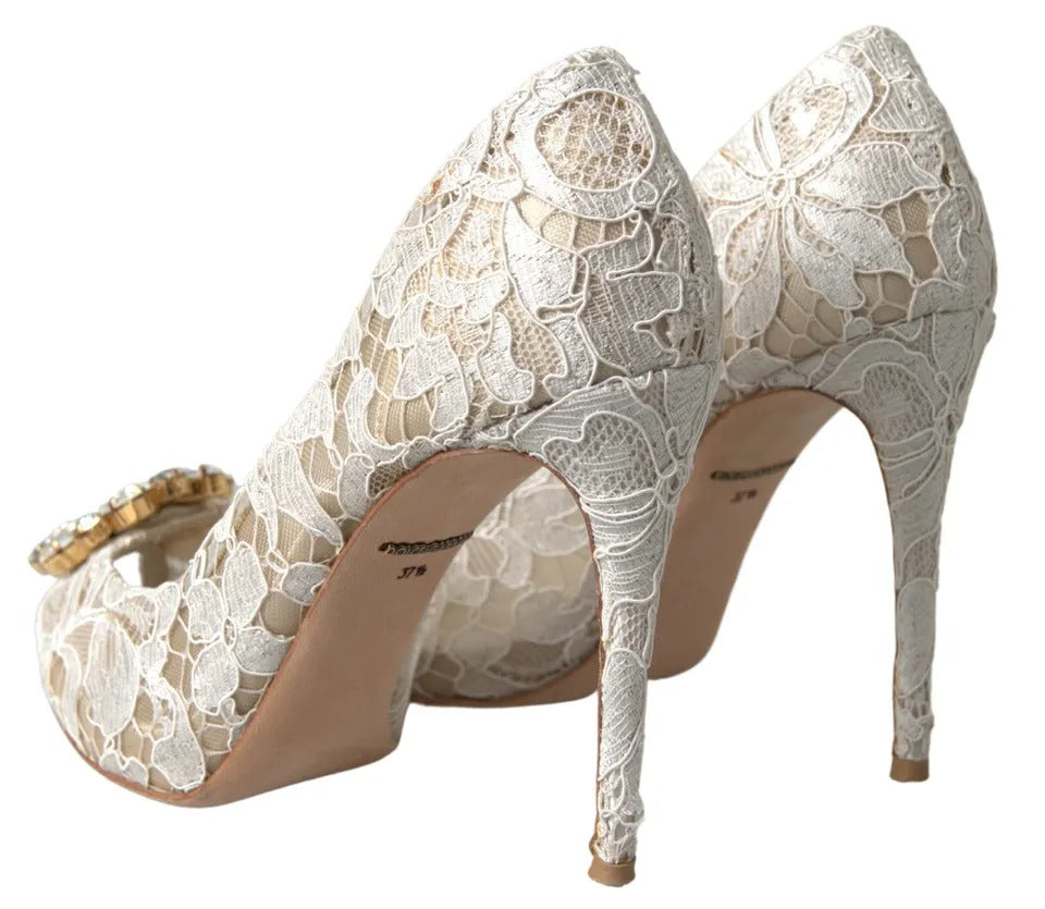 Dolce &amp; Gabbana White Taormina Lace Crystal Heels Pumps Shoes