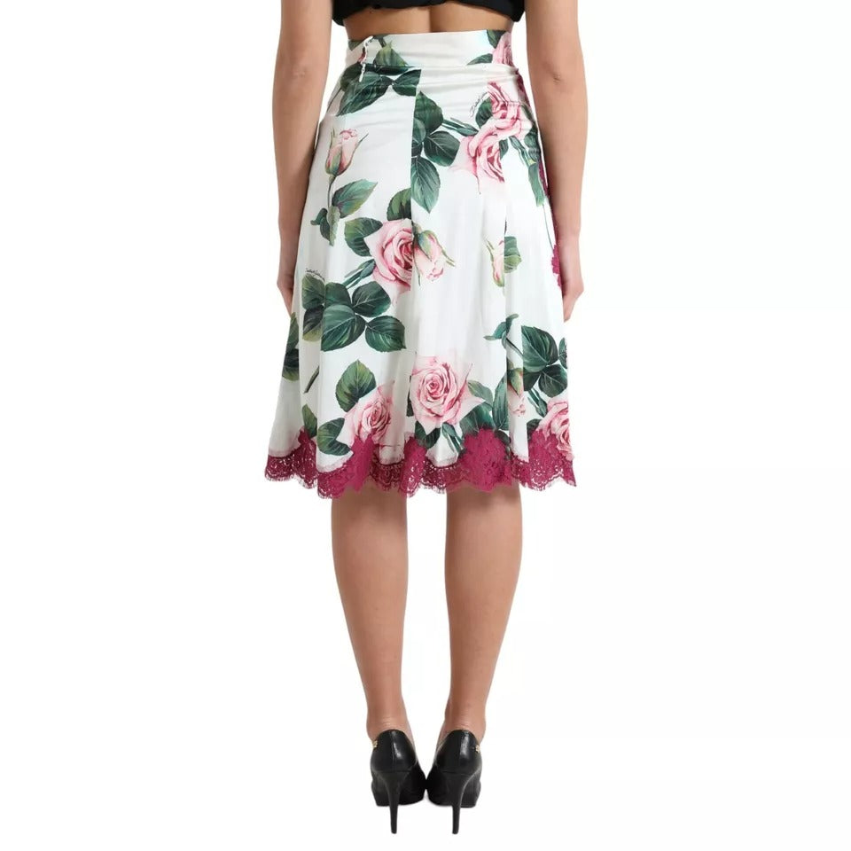 Dolce & Gabbana Weißer Rosenprint Midi-Rock mit hoher Taille und A-Linie