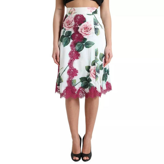 Dolce &amp; Gabbana White Rose Print High Waist A-linjainen midihame