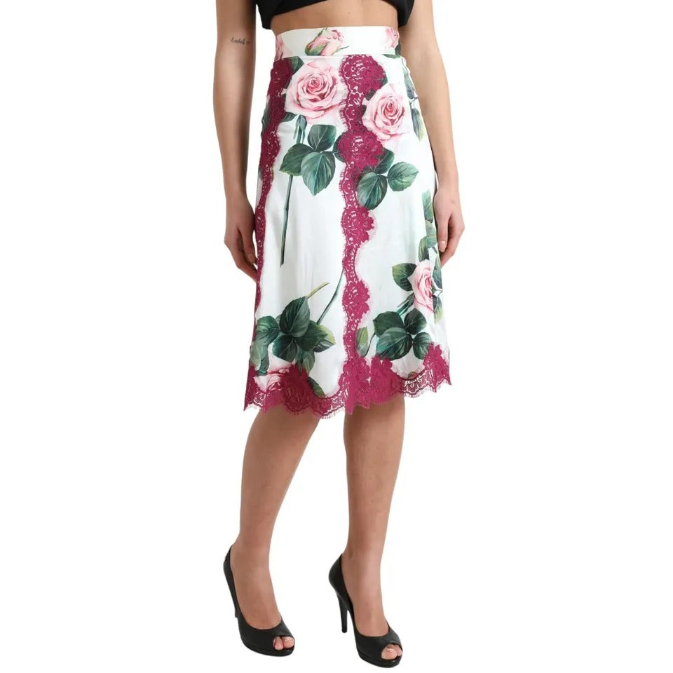 Dolce & Gabbana Weißer Rosenprint Midi-Rock mit hoher Taille und A-Linie