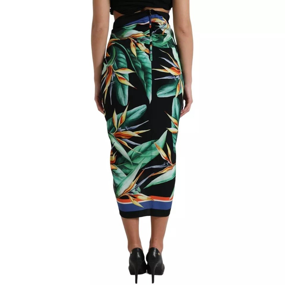 Dolce & Gabbana Schwarzer Strelitzia Wickel-Midi-Rock mit hoher Taille